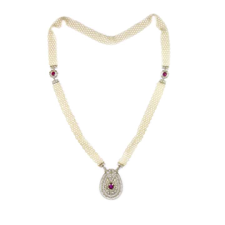 Edwardian Burma ruby, diamond and seed pearl pendant sautoir necklace